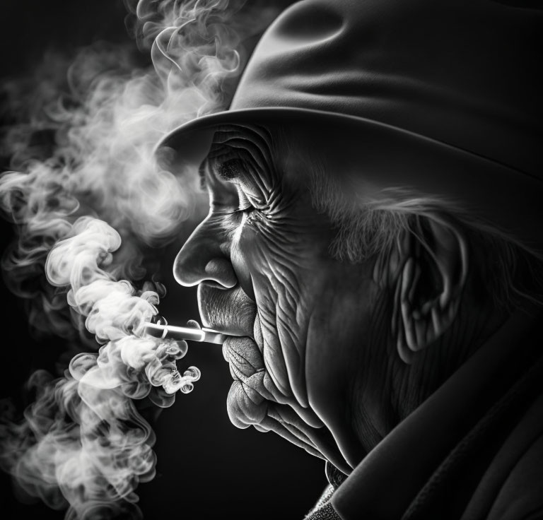 Profile view of elderly person smoking cigarette.