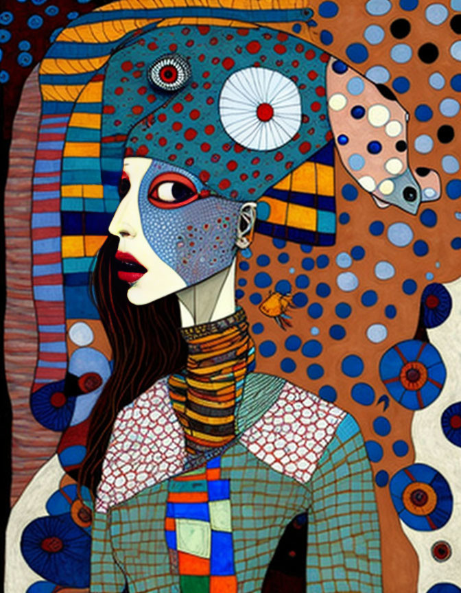 Vibrant Artistic Portrait of Woman with Abstract Egyptian Headdress