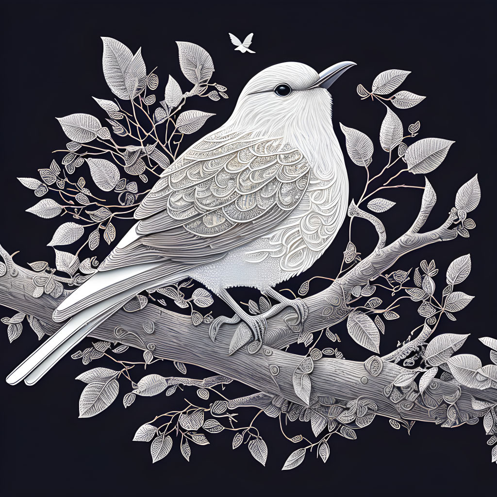 Detailed Monochromatic Bird Illustration on Branch with Butterfly