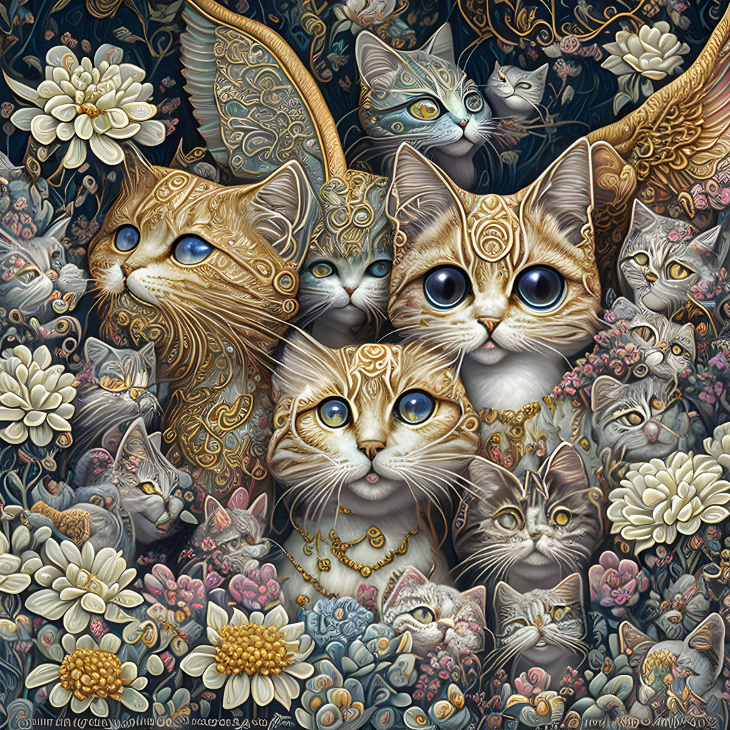 Detailed cat and floral illustration in whimsical style