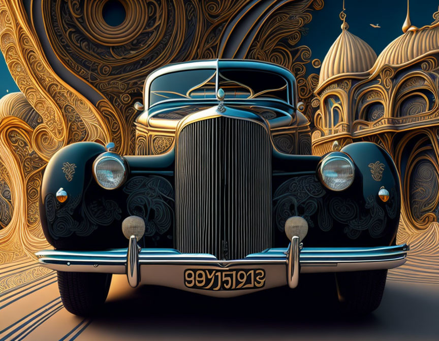 Digital Artwork: Vintage Car with Ornate Detailing on Baroque Background