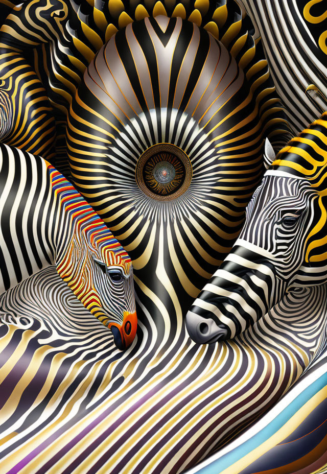 Surreal digital artwork: Zebras with flowing stripes in optical illusion