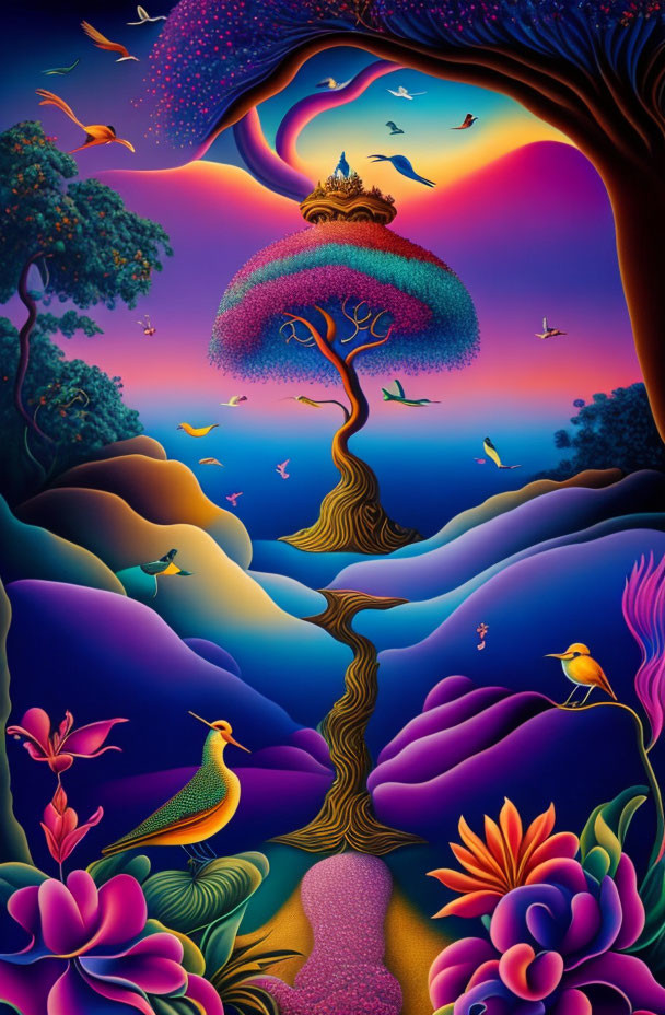 Colorful surreal artwork: stylized tree, peacock, birds, flowers against twilight sky