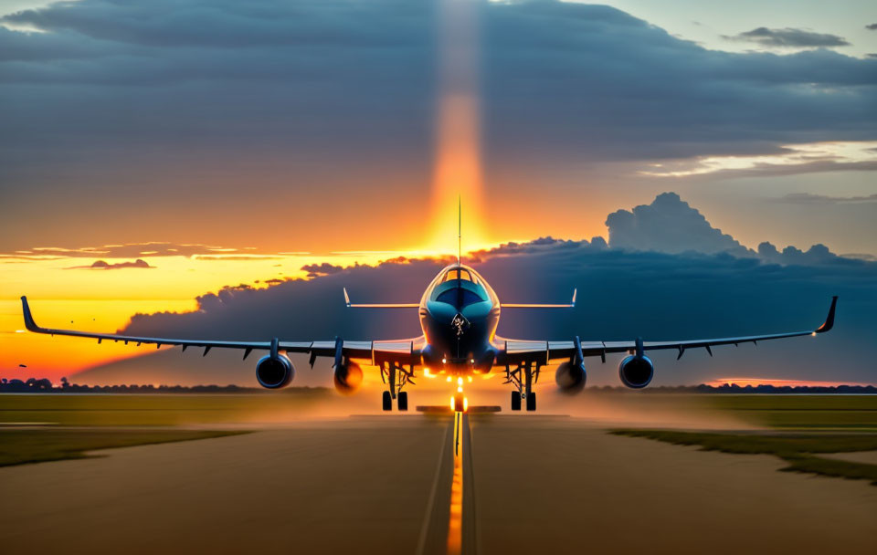 Vivid sunset skies reflect on airplane at runway