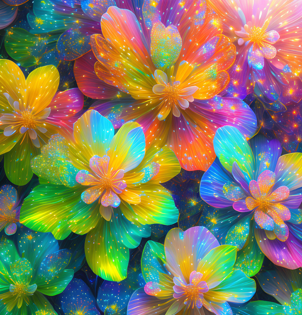 Multicolored Glittering Flowers Against Cosmic Backdrop