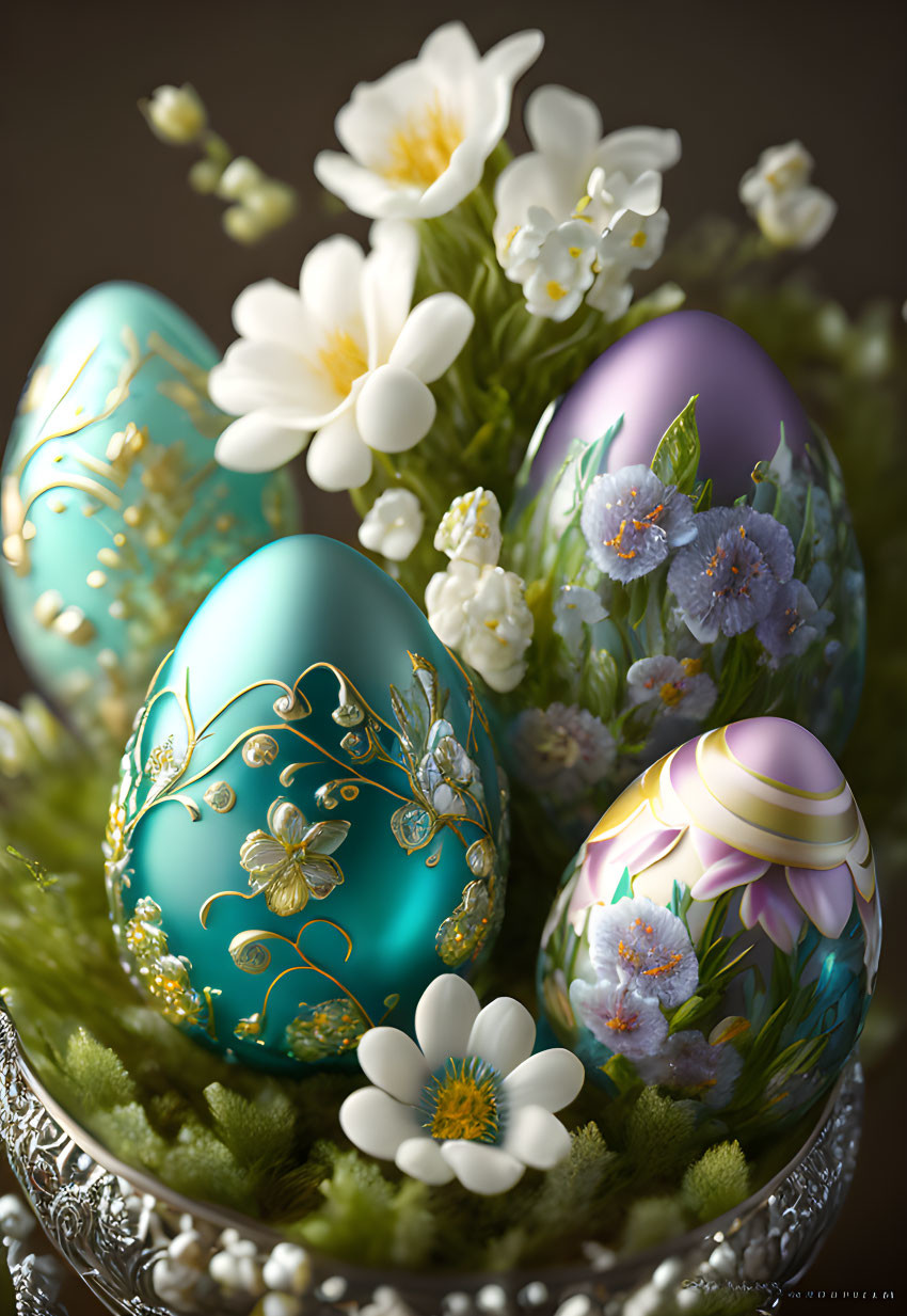 Intricately Decorated Easter Eggs with White Flowers in Silver Bowl