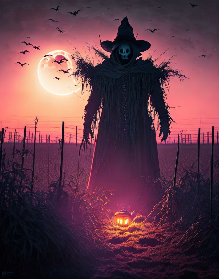 Spooky scarecrow with jack-o'-lantern face in moonlit field