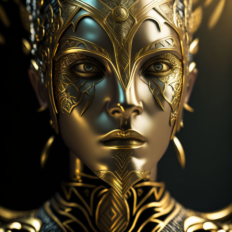 Regal figure with golden headgear and metallic facial features