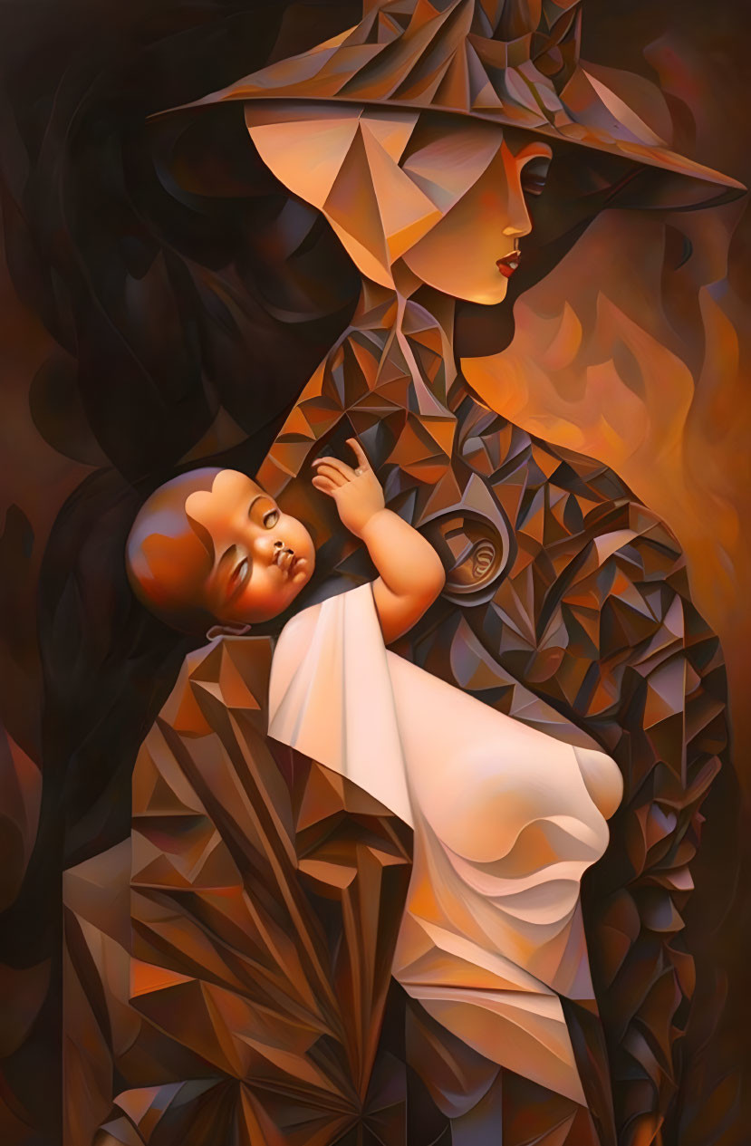 Geometric patterned dress and hat woman with infant in fiery background