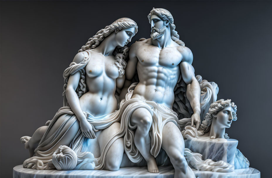 Intricate Marble Sculpture of Muscular Male with Two Female Figures