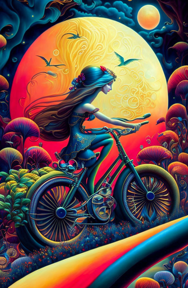 Colorful illustration: Girl on bike under huge moon in alien landscape