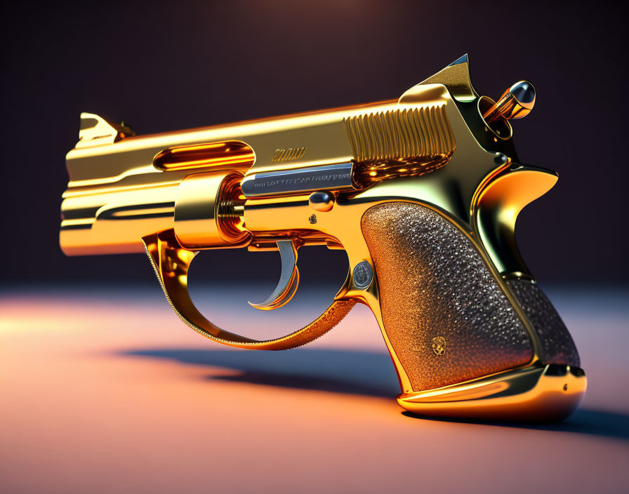 Intricately designed golden handgun with textured grip under soft orange light on violet backdrop