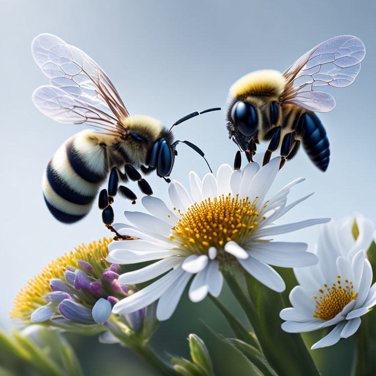 Bees and white daisy-like flowers on soft blue backdrop