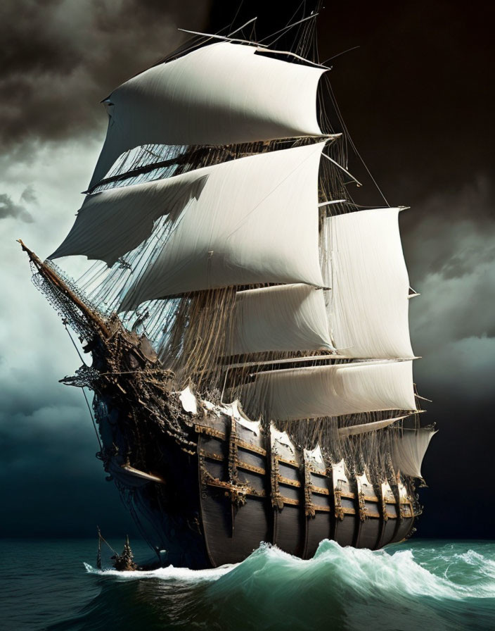 Majestic tall ship sailing turbulent sea under stormy sky