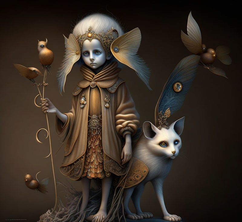 Fantasy artwork of pale child in golden attire with winged cat & bird creatures