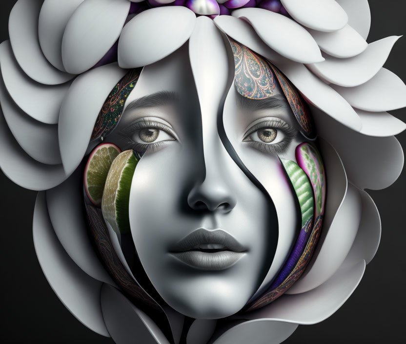 Surreal woman's face with metallic textures and floral motifs in grayscale and colorful palette