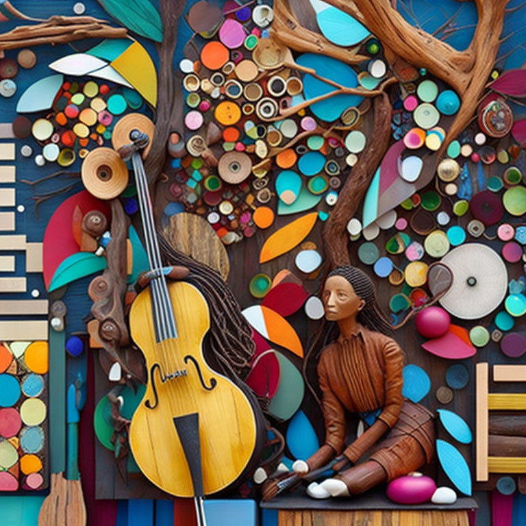 Colorful Abstract Art: Cello and Figure Among Diverse Shapes