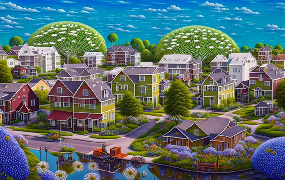 Vibrant neighborhood with colorful houses, gardens, greenhouses, and canal.