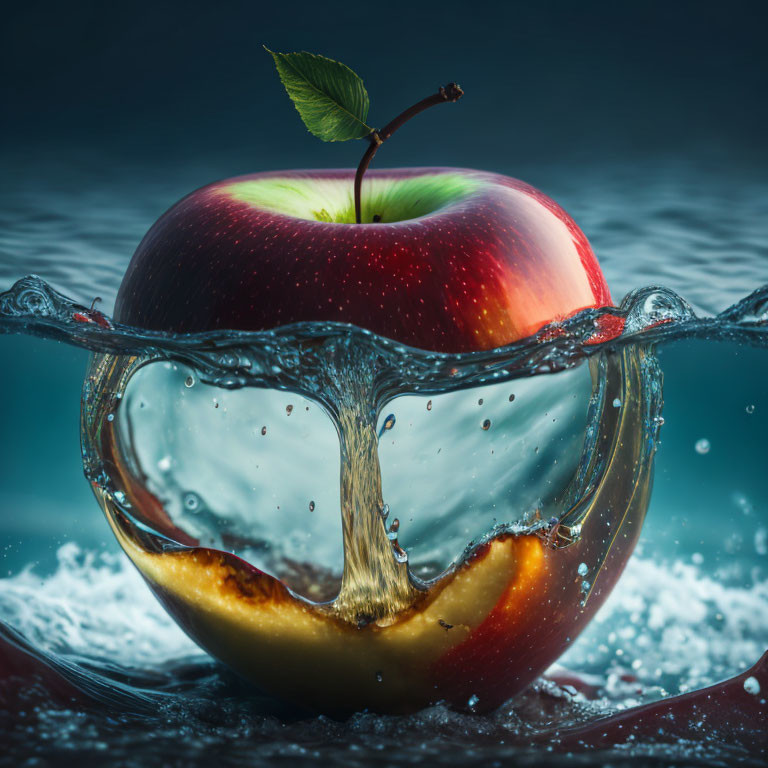 Apple with leaf half submerged in water creating heart-shaped wave