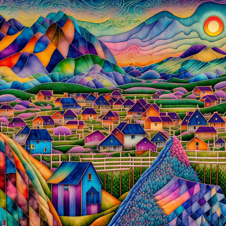 Colorful Stylized Rural Landscape with Rolling Hills and Houses