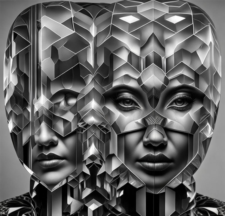 Symmetrical Monochromatic Digital Artwork of Fragmented Human Face