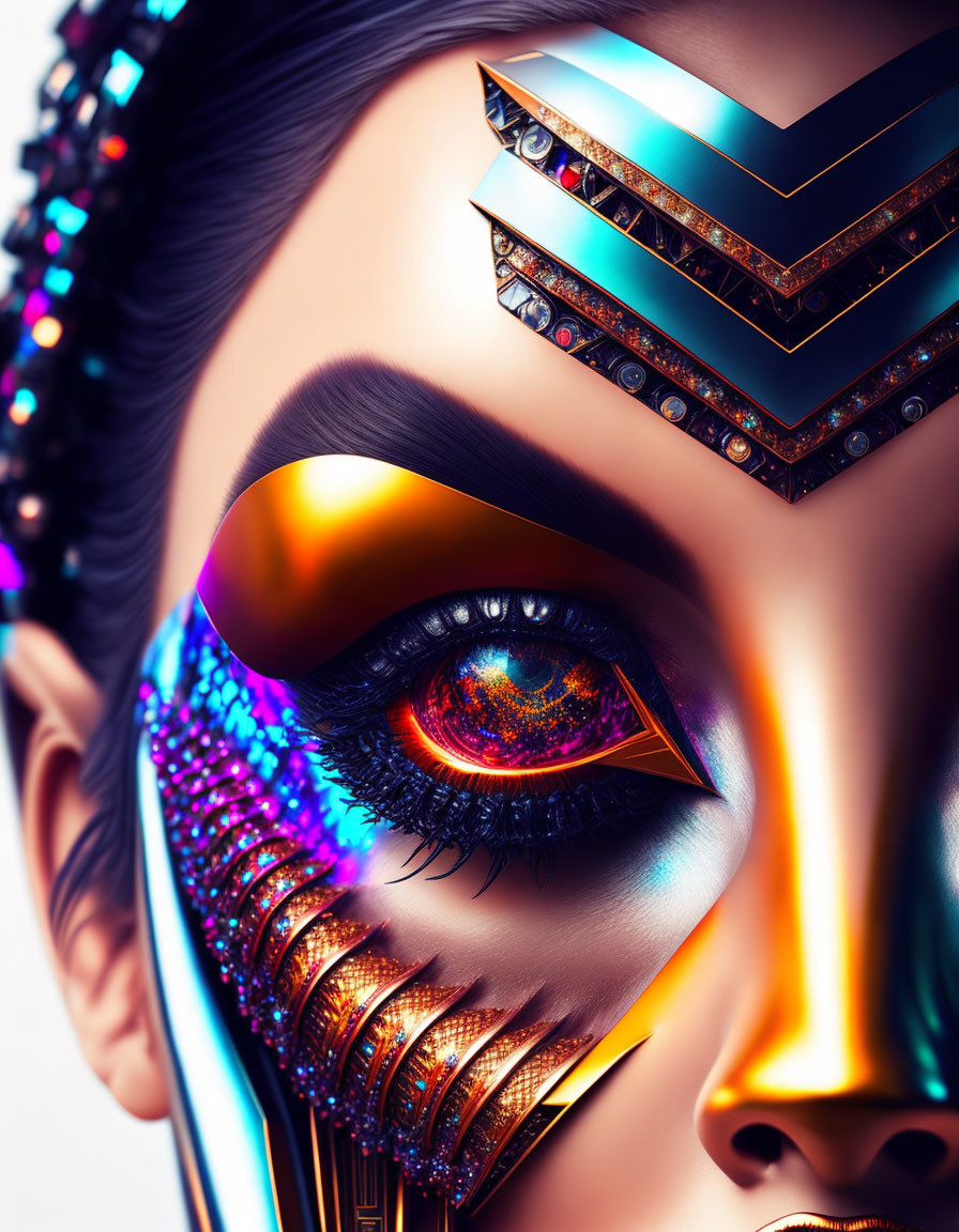 Stylized female face with futuristic makeup and adornments in vibrant colors