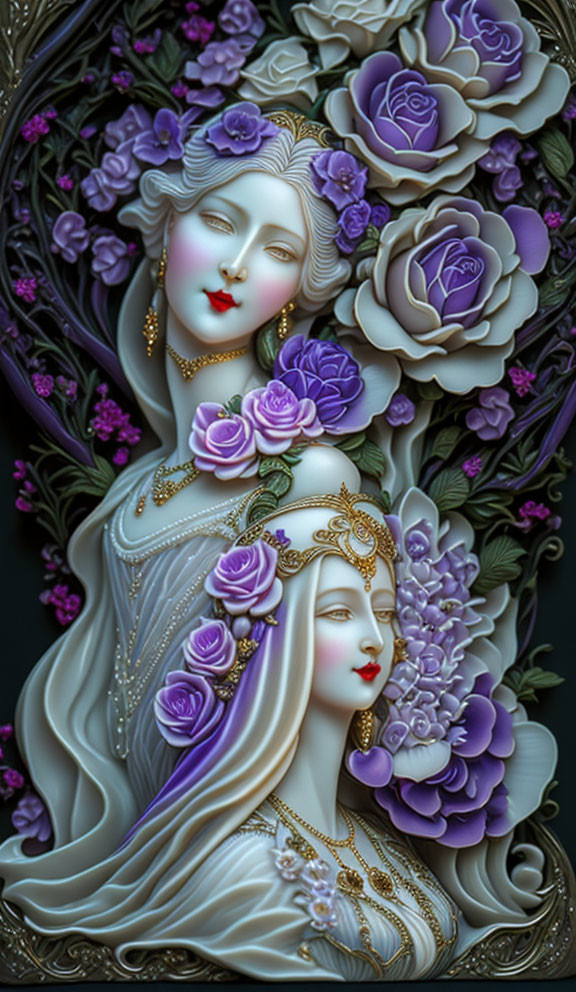 Detailed Artwork of Two Female Figures with Gold Jewelry and Purple Roses