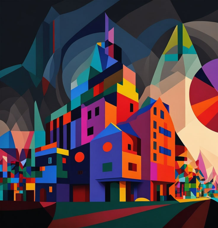 Vibrant Cityscape: Colorful Geometric Art at Dusk