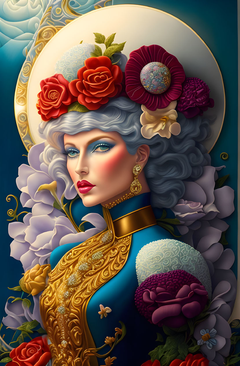 Illustrated portrait of woman with blue-gray hair, red flowers, gold-trimmed attire, and