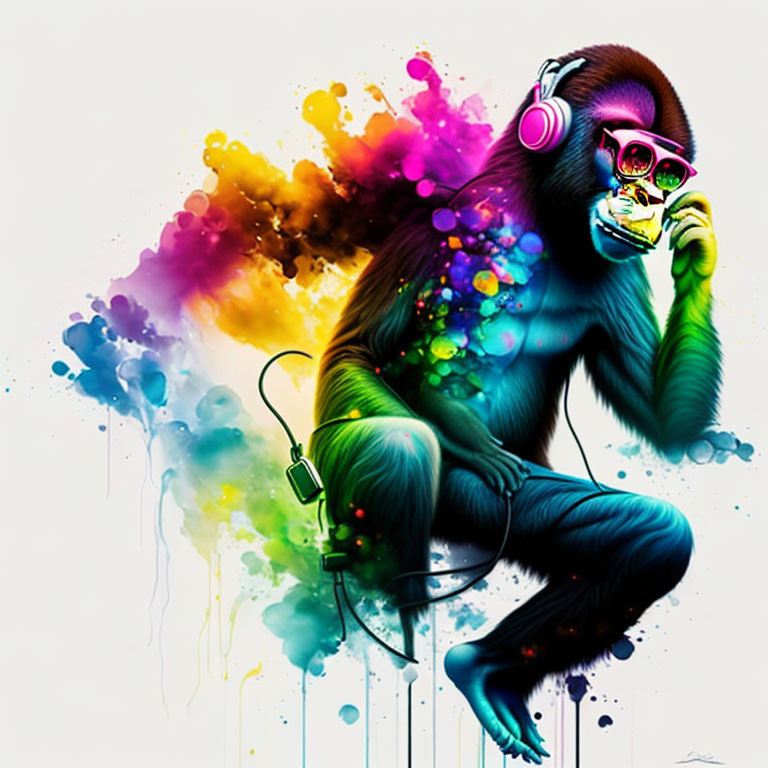 Vibrant gorilla digital art with skull face and colorful backdrop