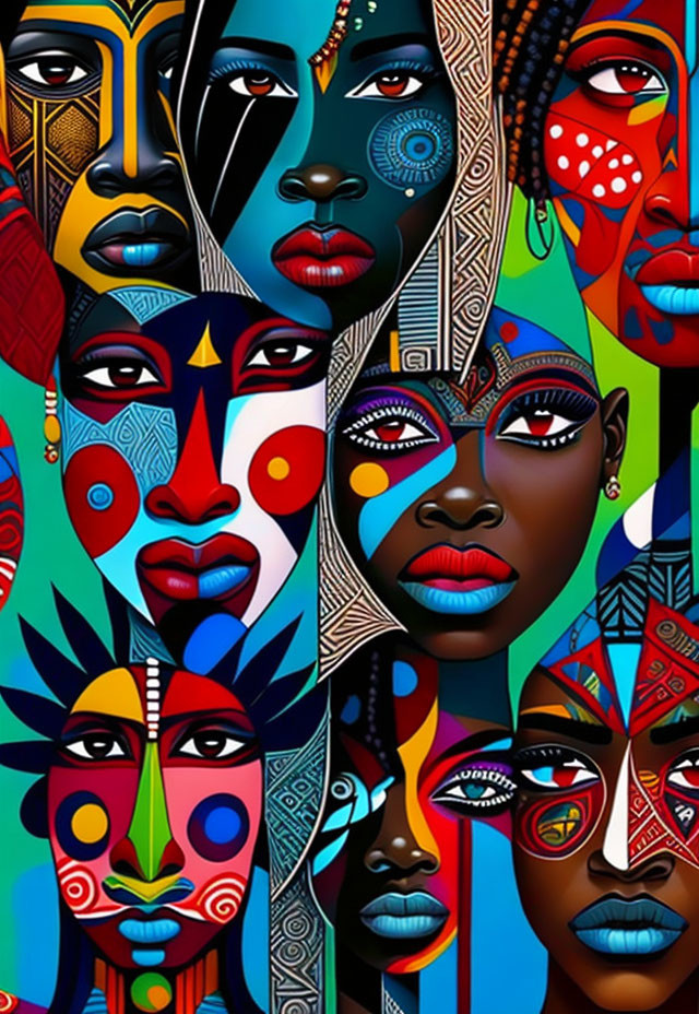 Abstract artwork: Colorful collage of diverse African-inspired faces & patterns