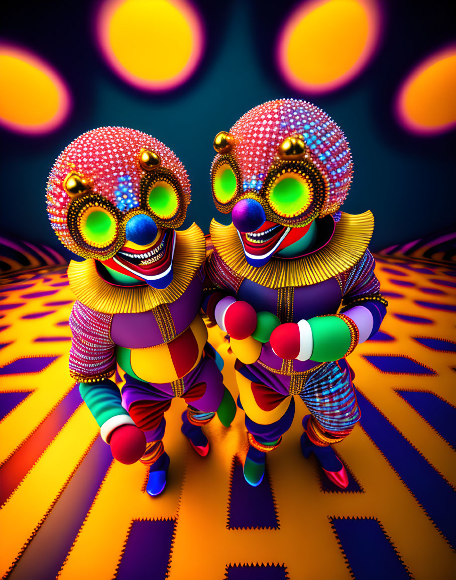 Colorful Clowns in Circus Setting with Glowing Orbs