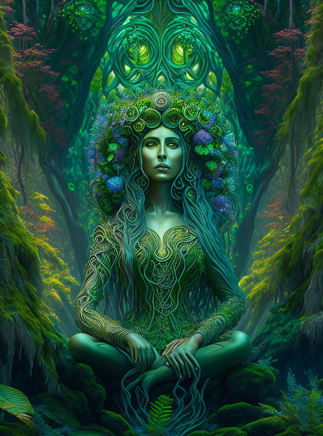 Green-skinned woman with floral crown in enchanted forest.