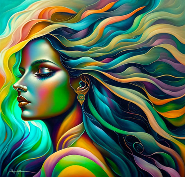 Colorful Portrait of Woman with Multicolored Hair and Serene Expression