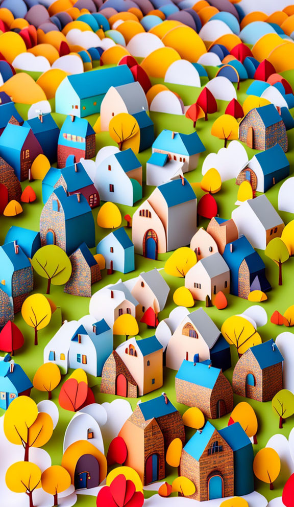 Colorful Autumnal Village Illustration: Vibrant, Stylized Houses & Trees