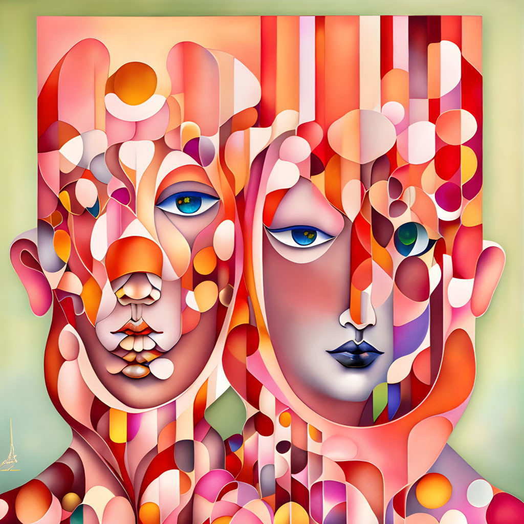 Geometric and circular patterns blend in abstract art of two faces with warm colors.