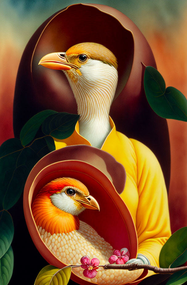 Surreal bird illustration with human-like pose and nested hats