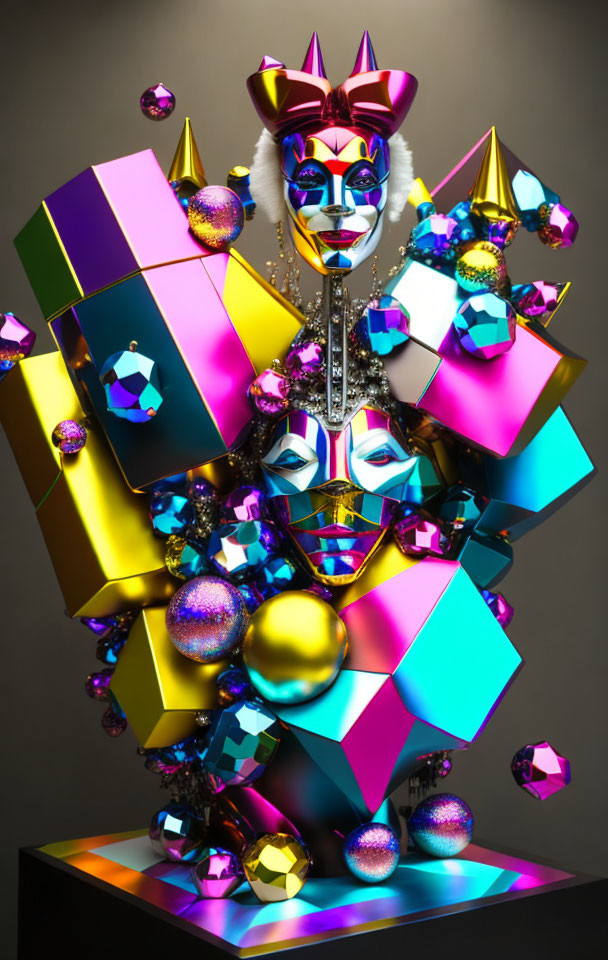 Colorful geometric sculpture with stylized cat face and metallic textures