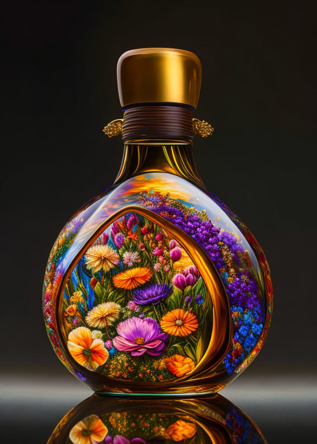 Colorful Floral Motif Perfume Bottle on Glossy Surface