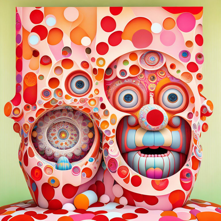 Vibrant Abstract Artwork with Psychedelic Patterns and Surreal Faces