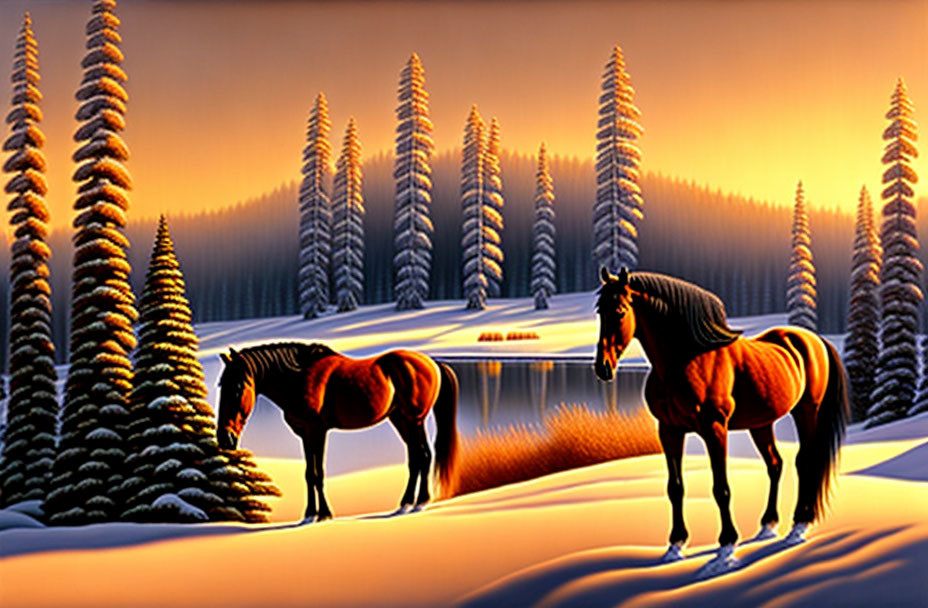 Snowy landscape with two horses, pine trees, and tranquil river at sunset