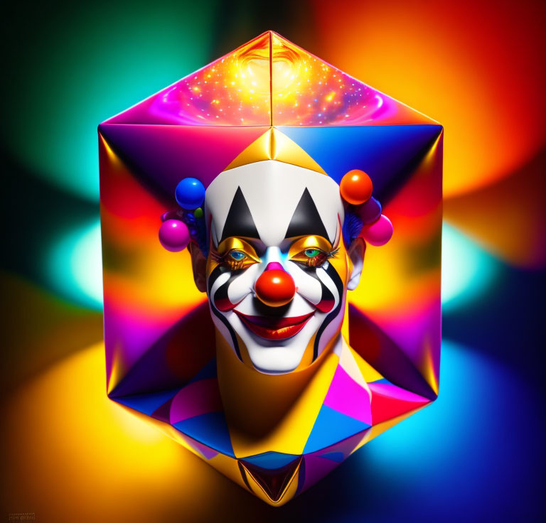 Colorful 3D clown face in geometric cube on rainbow background