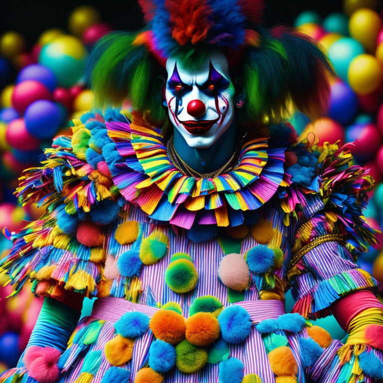 Vibrant Clown with Colorful Costume and Green Hair on Multicolored Sphere Background