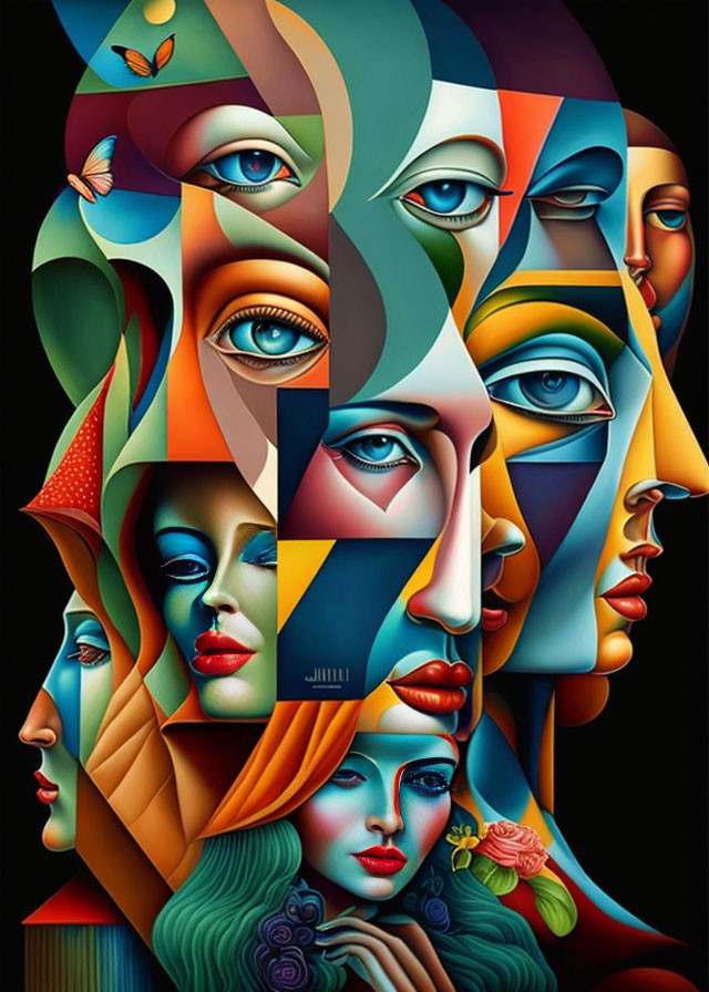 Vivid surrealistic painting with overlapping facial features