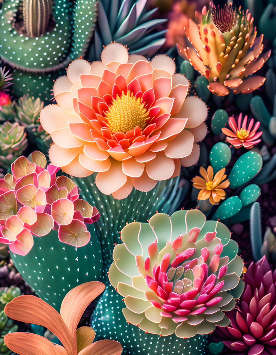 Colorful Succulents and Cacti in Lush Arrangement