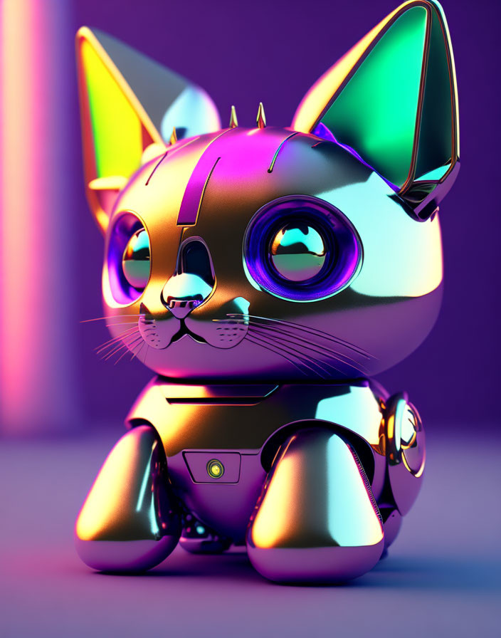 Shiny robotic cat with reflective eyes in purple and gold hues