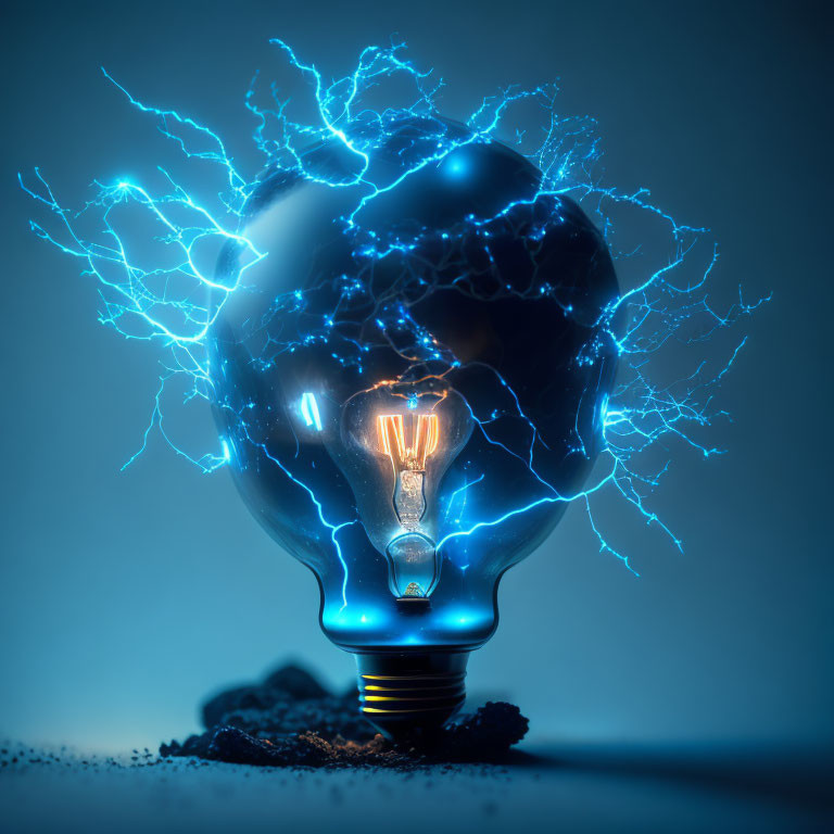 Dynamic blue electricity arcs around glowing light bulb on subdued blue background