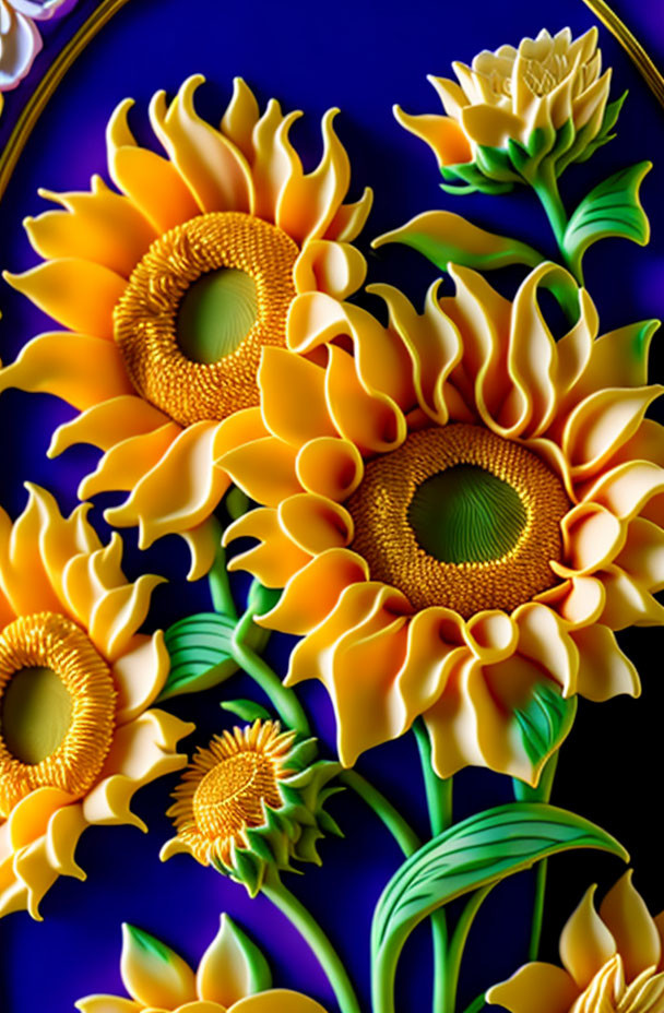 Bright yellow sunflowers on deep blue background in 3D art