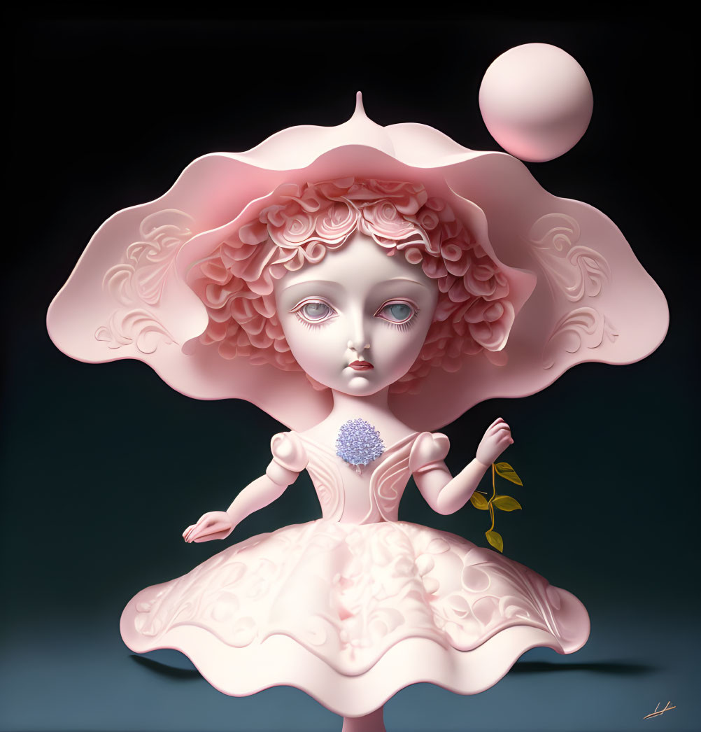 Surreal digital art: girl with oversized rose head, blue eyes, holding flower, mysterious orb