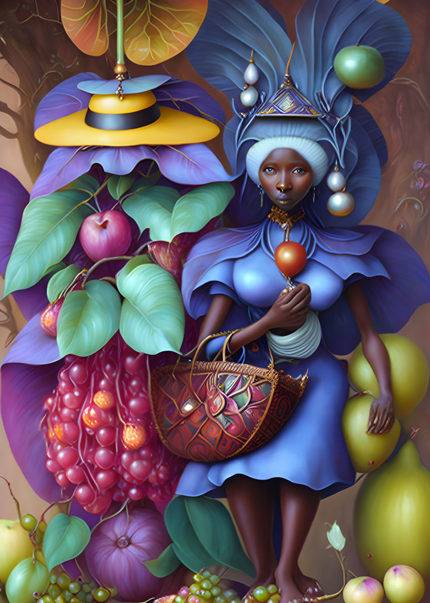 Illustration: Dark-skinned woman in mystical attire with glowing orb amidst lush flora.